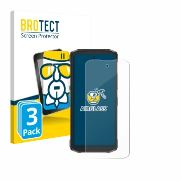 Front side of a product packaging with the brand logo BROTECT. Next to it is the device Doogee Fire 6 Power shown with the cor