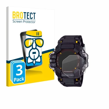 Front side of a product packaging with the brand logo BROTECT. Next to it is the device Casio G-Shock GPR-H 1000 shown with th
