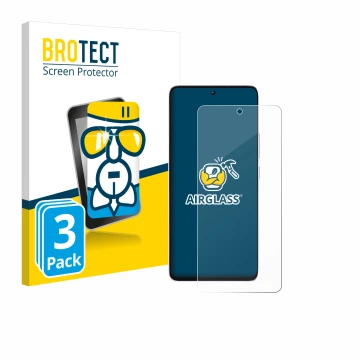 Front side of a product packaging with the brand logo BROTECT. Next to it is the device Xiaomi Poco M7 Pro shown with the corr