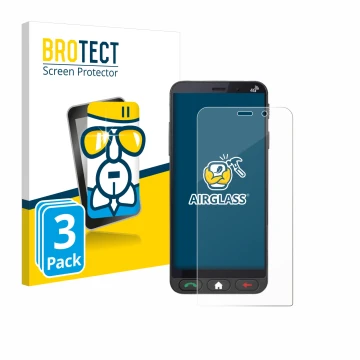 Front side of a product packaging with the brand logo BROTECT. Next to it is the device Brondi Amico Vero 4G shown with the co