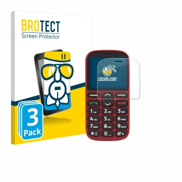Front side of a product packaging with the brand logo BROTECT. Next to it is the device Doro 1360 shown with the corresponding