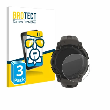 Front side of a product packaging with the brand logo BROTECT. Next to it is the device Garmin Instinct E (40 mm) shown with t