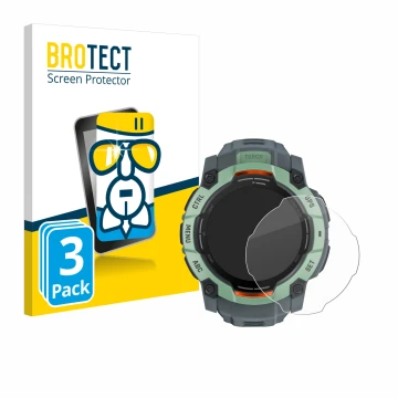 Front side of a product packaging with the brand logo BROTECT. Next to it is the device Garmin Instinct 3 AMOLED (50 mm) shown