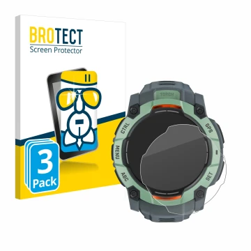 Front side of a product packaging with the brand logo BROTECT. Next to it is the device Garmin Instinct 3 AMOLED (45 mm) shown