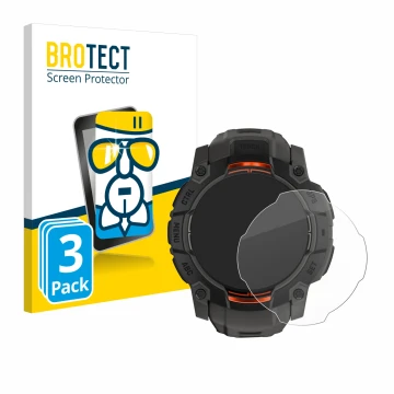 Front side of a product packaging with the brand logo BROTECT. Next to it is the device Garmin Instinct 3 Solar (45 mm) shown 