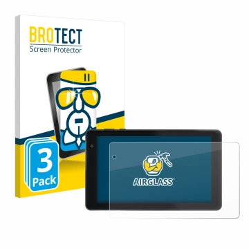 Front side of a product packaging with the brand logo BROTECT. Next to it is the device Lisciani Mio Tab 7 shown with the corr