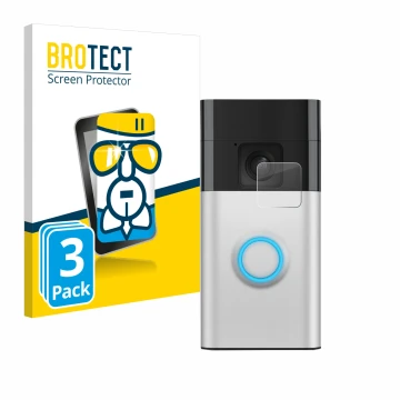 Front side of a product packaging with the brand logo BROTECT. Next to it is the device Ring Battery Video Doorbell shown with