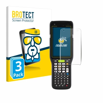 Front side of a product packaging with the brand logo BROTECT. Next to it is the device Zebra MC3400 shown with the correspond
