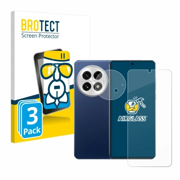 Front side of a product packaging with the brand logo BROTECT. Next to it is the device OnePlus 13 (Front+Camera) shown with t