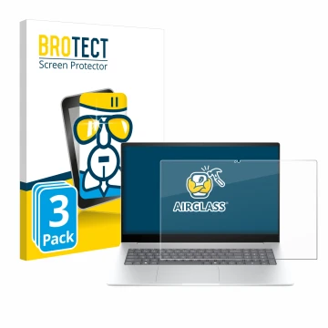 Front side of a product packaging with the brand logo BROTECT. Next to it is the device HP Envy 17-da0777ng shown with the cor
