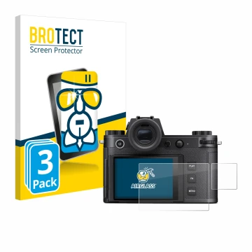 Front side of a product packaging with the brand logo BROTECT. Next to it is the device Leica SL3-S (Display + top plate displ