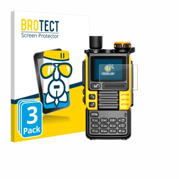 Front side of a product packaging with the brand logo BROTECT. Next to it is the device Quansheng UV-K5 (99) shown with the co