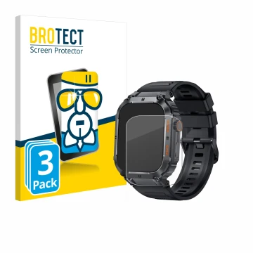 Front side of a product packaging with the brand logo BROTECT. Next to it is the device bedee Smartwatch 1.96