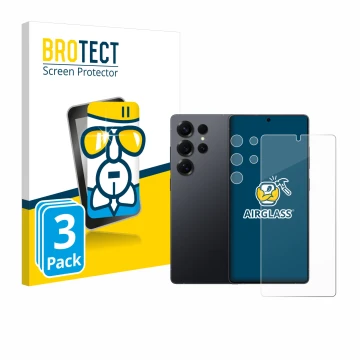 Front side of a product packaging with the brand logo BROTECT. Next to it is the device Samsung Galaxy S25 Ultra (Front+Camera