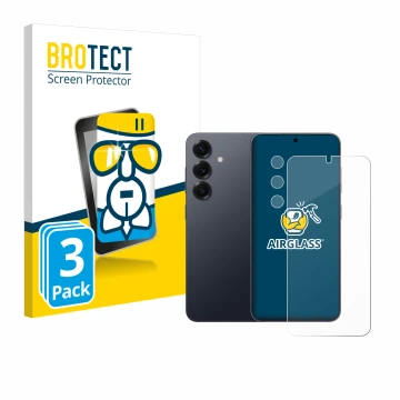 Front side of a product packaging with the brand logo BROTECT. Next to it is the device Samsung Galaxy S25 Plus (Front+Camera)