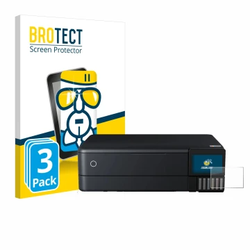 Front side of a product packaging with the brand logo BROTECT. Next to it is the device Epson EcoTank ET-8550 shown with the c