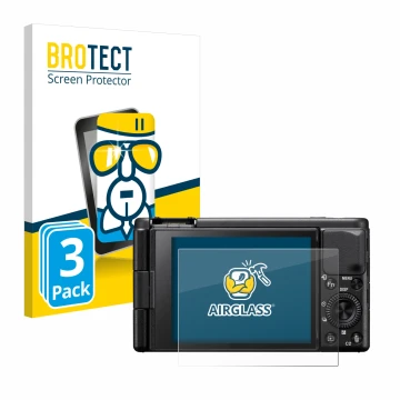 Front side of a product packaging with the brand logo BROTECT. Next to it is the device Sony ZV-1A shown with the correspondin
