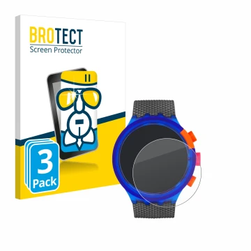Front side of a product packaging with the brand logo BROTECT. Next to it is the device Swatch Neon Party shown with the corre