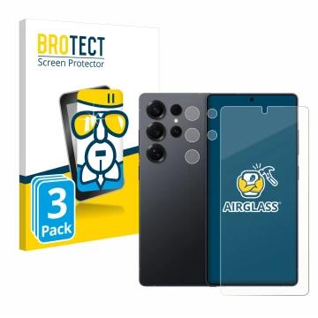 Front side of a product packaging with the brand logo BROTECT. Next to it is the device Samsung Galaxy S25 Ultra Enterprise Ed