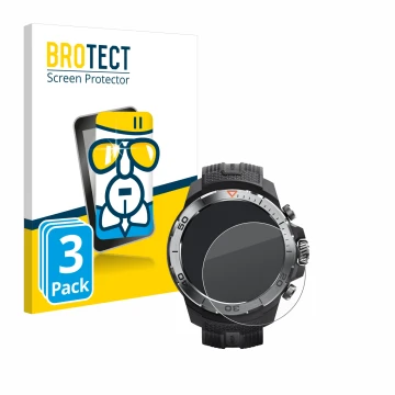 Front side of a product packaging with the brand logo BROTECT. Next to it is the device Xiaomi Mibro GS Explorer shown with th