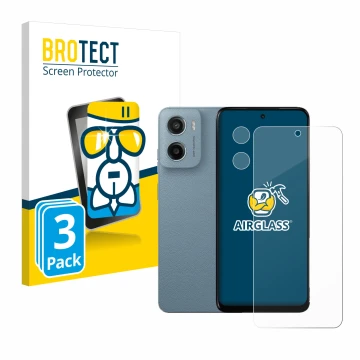 Front side of a product packaging with the brand logo BROTECT. Next to it is the device Motorola Moto E15 (Front+Camera) shown