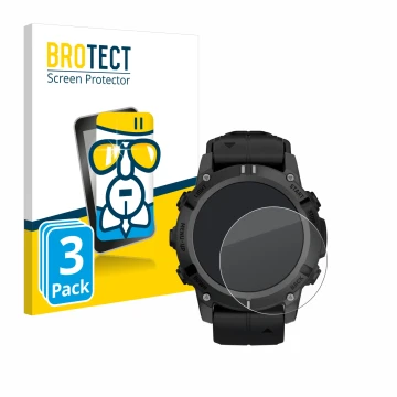 Front side of a product packaging with the brand logo BROTECT. Next to it is the device Garmin Descent G2 shown with the corre
