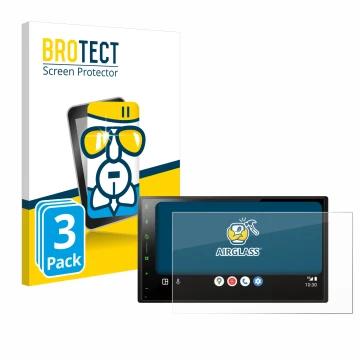 Front side of a product packaging with the brand logo BROTECT. Next to it is the device Pioneer SPH-DA77DAB shown with the cor