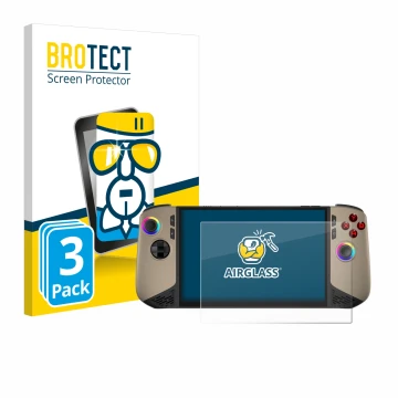 Front side of a product packaging with the brand logo BROTECT. Next to it is the device MSI Claw 8 AI+ shown with the correspo