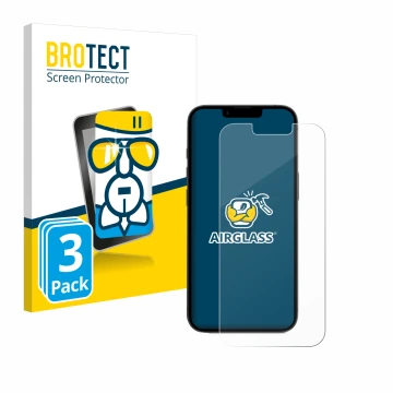 Front side of a product packaging with the brand logo BROTECT. Next to it is the device Apple iPhone 16e shown with the corres