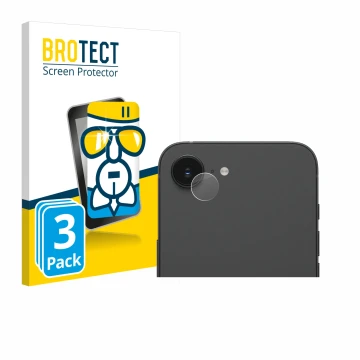 Front side of a product packaging with the brand logo BROTECT. Next to it is the device Apple iPhone 16e (ONLY Camera Lens) sh