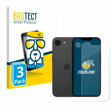 Front side of a product packaging with the brand logo BROTECT. Next to it is the device Apple iPhone 16e (Front+Camera) shown 