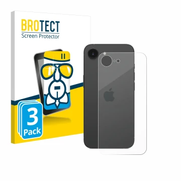Front side of a product packaging with the brand logo BROTECT. Next to it is the device Apple iPhone 16e (Back) shown with the