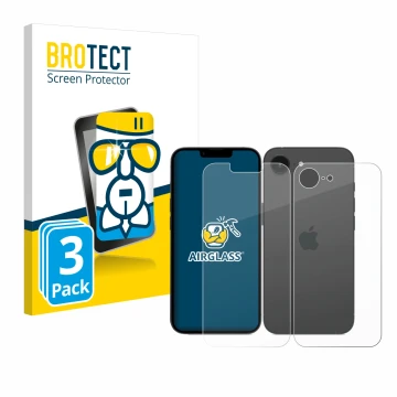 Front side of a product packaging with the brand logo BROTECT. Next to it is the device Apple iPhone 16e (Front+Back) shown wi