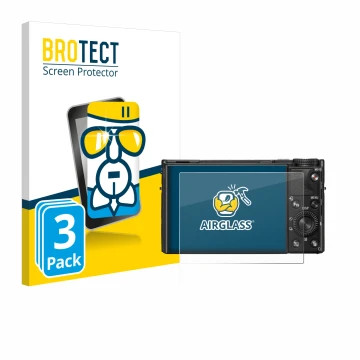 Front side of a product packaging with the brand logo BROTECT. Next to it is the device Sony Cyber-Shot DSC-RX100 VIIA shown w