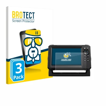 Front side of a product packaging with the brand logo BROTECT. Next to it is the device Lowrance Eagle 7 shown with the corres