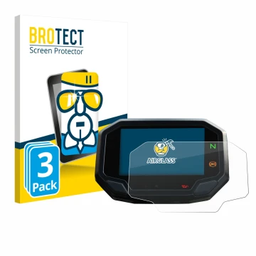 Front side of a product packaging with the brand logo BROTECT. Next to it is the device Kawasaki Versys 650 2022+ shown with t