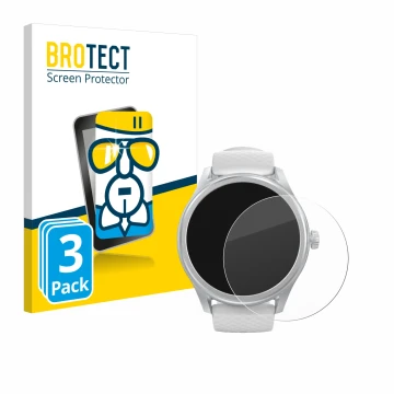 Front side of a product packaging with the brand logo BROTECT. Next to it is the device Hama Smartwatch 5010 shown with the co