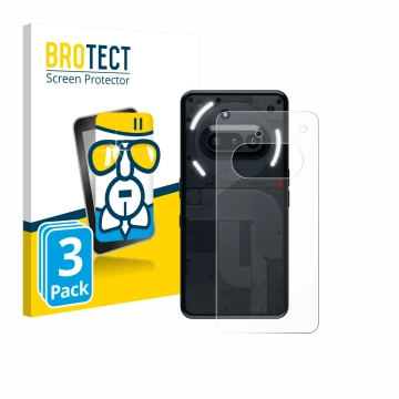 Front side of a product packaging with the brand logo BROTECT. Next to it is the device Nothing Phone (3a) (Back) shown with t