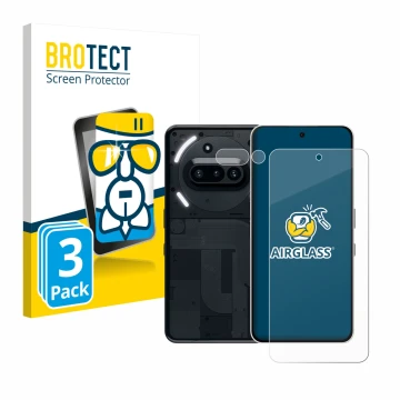 Front side of a product packaging with the brand logo BROTECT. Next to it is the device Nothing Phone (3a) (Front+Camera) show