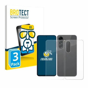 Front side of a product packaging with the brand logo BROTECT. Next to it is the device Samsung Galaxy A56 5G (Front+Back) sho