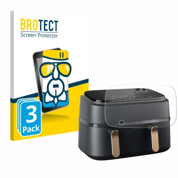 Front side of a product packaging with the brand logo BROTECT. Next to it is the device Philips Airfryer NA352/00 shown with t