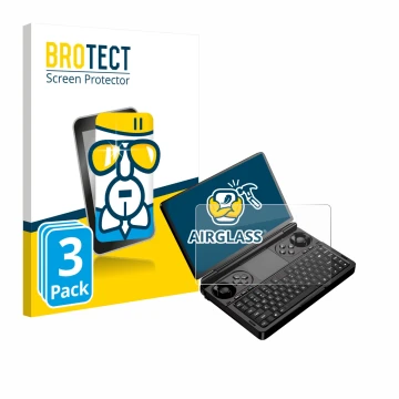 Front side of a product packaging with the brand logo BROTECT. Next to it is the device GPD Win Mini (2025) shown with the cor