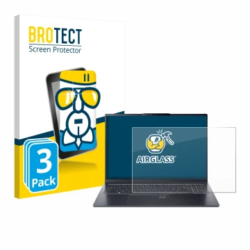 Front side of a product packaging with the brand logo BROTECT. Next to it is the device Acer Swift Go 16 AI shown with the cor