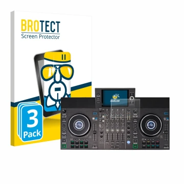 Front side of a product packaging with the brand logo BROTECT. Next to it is the device Denon DJ SC LIVE 4 (Jog) shown with th