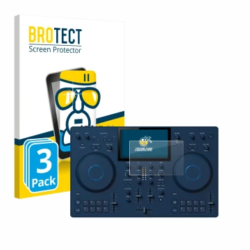 Front side of a product packaging with the brand logo BROTECT. Next to it is the device AlphaTheta OMNIS-Duo (Jog) shown with 