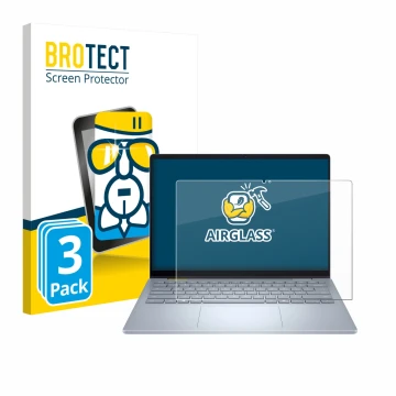 Front side of a product packaging with the brand logo BROTECT. Next to it is the device Dell 14 Plus 2-in-1 shown with the cor