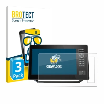 Front side of a product packaging with the brand logo BROTECT. Next to it is the device Humminbird Xplore 10 shown with the co