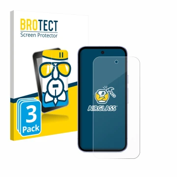 Front side of a product packaging with the brand logo BROTECT. Next to it is the device Google Pixel 9a shown with the corresp