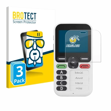 Front side of a product packaging with the brand logo BROTECT. Next to it is the device Doro Leva X10 shown with the correspon