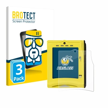 Front side of a product packaging with the brand logo BROTECT. Next to it is the device Nayax VPOS TOUCH shown with the corres
